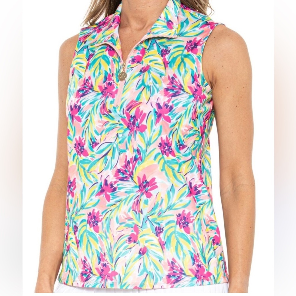 Stella Parker Hot Pink Floral Sleeveless Mock Golf Shirt Size Medium